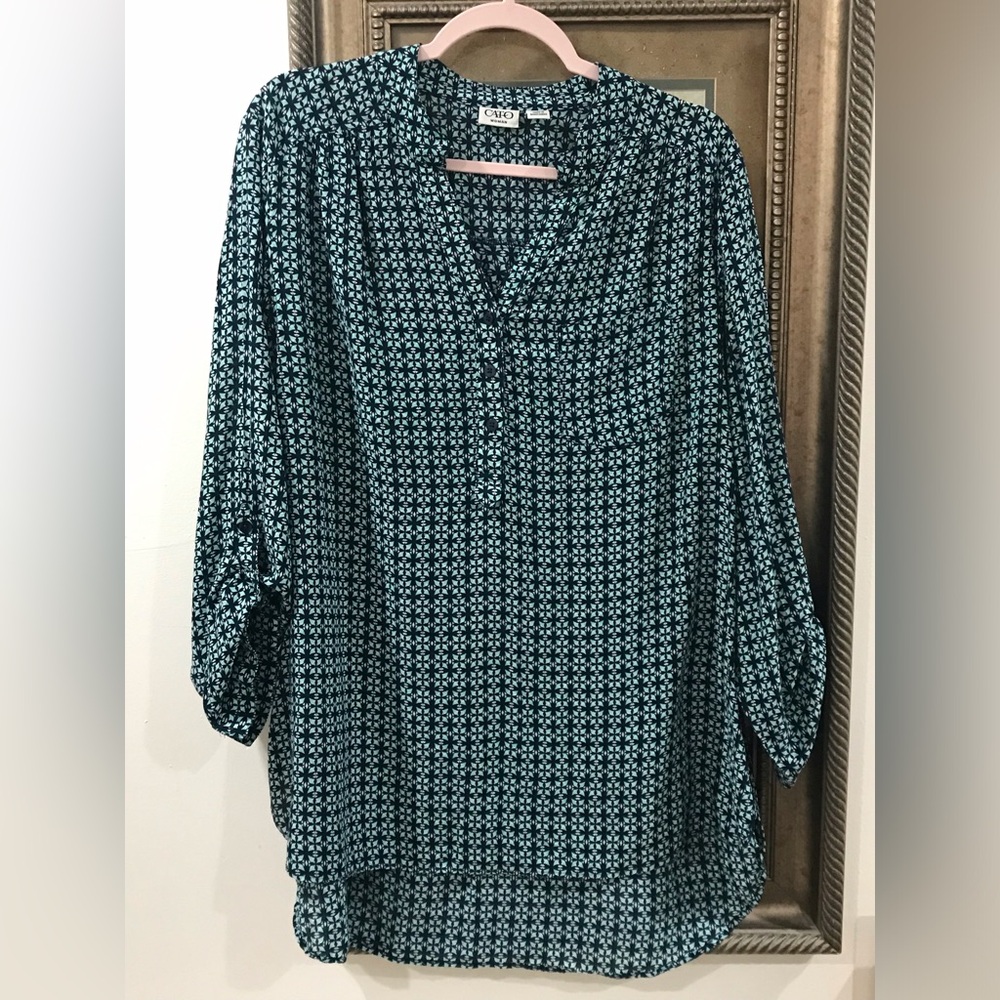 Cato Teal Geometric Split-Neck Blouse